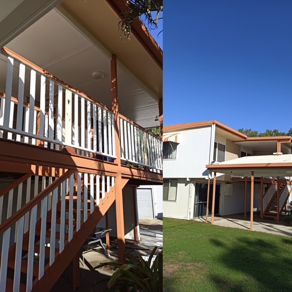 The timber balustrade and upper level of a high-set Queenslander